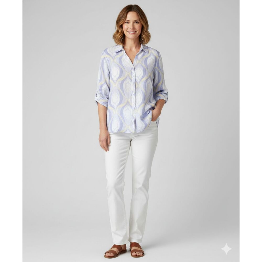 JM Collection Multicolor Linen Button 3/4 Sleeve Summer Comfy Artsy Shirt Top 14
